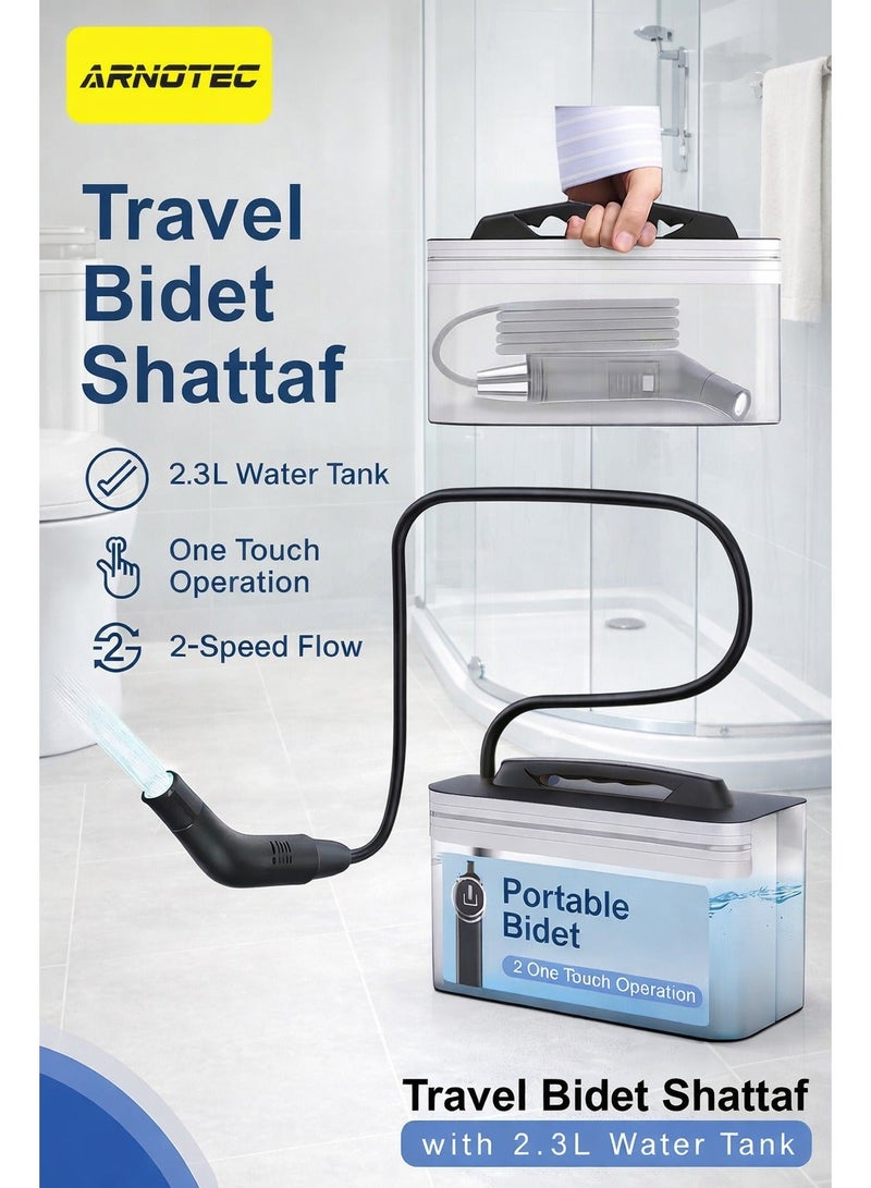 ARNOTEC  bidet كهربائي محمول شطاف، بخاخ نظافة شخصية قابل لإعادة الشحن مع خرطوم بطول 1.2م وحاوية مياه سعة 2.3ل للسفر، المنزل، رعاية الأطفال والتخييم - Image 2